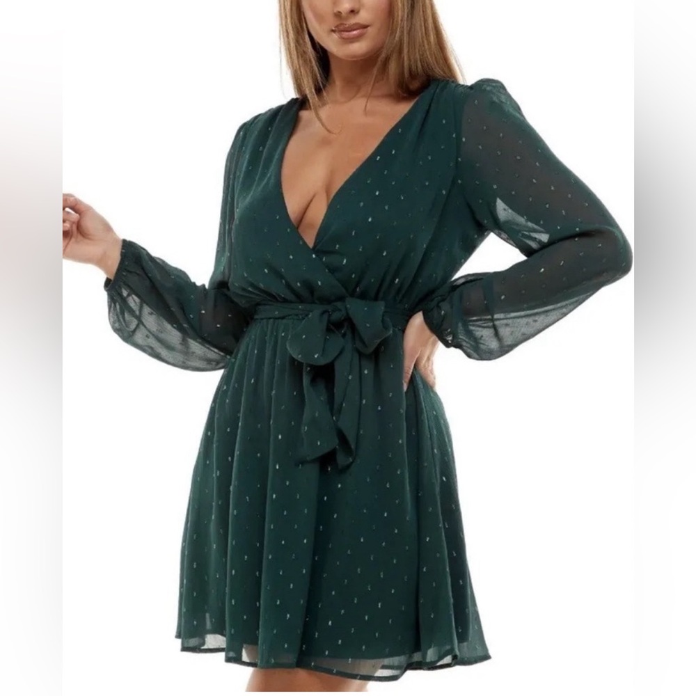 Speechless Womens Juniors’ Metallic Dot Wrap Dress, Dark Green/ XL